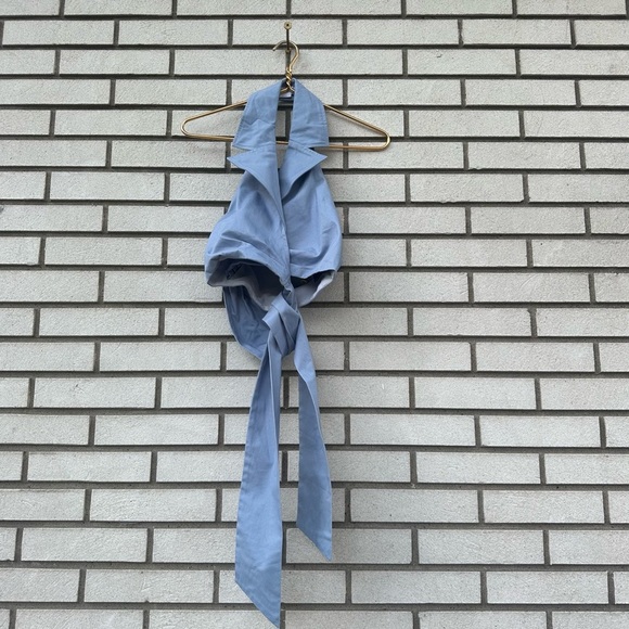 Lovers + Friends Millie Baby Blue Wrap Halter Collared Crop Top XS Summer Chic - Picture 4 of 11